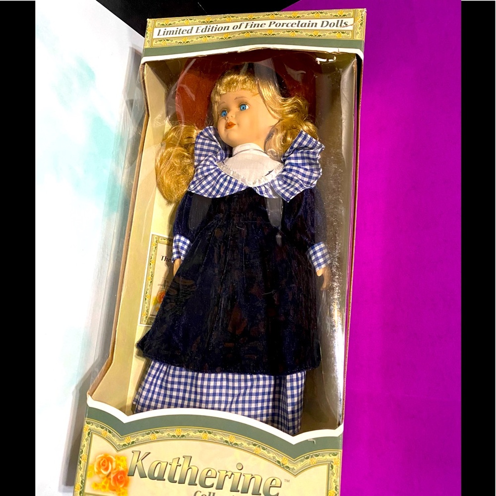 HAND CRAFTED PORCELAIN DOLL VINTAGE 90s BLUE VELOR DRESS, BLONDE HAIR, BLUE EYES